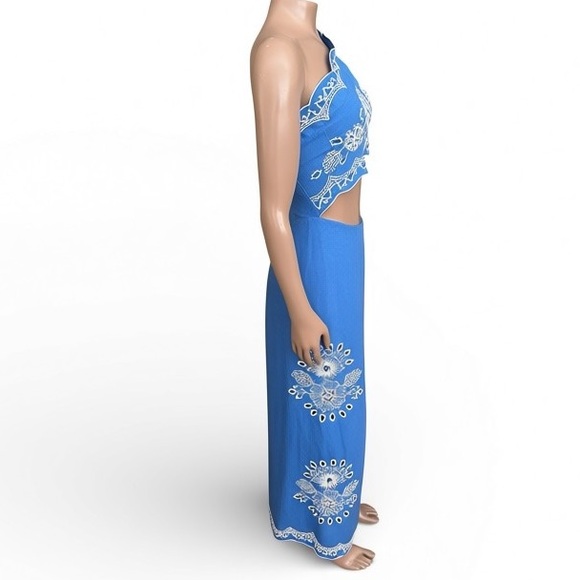 FARM Rio Anthropologie One Shoulder Cut Out Embroidered Linen Jumpsuit Blue M - Picture 7 of 11